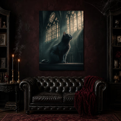 Grimalkin canvas hanging above a black tufted Chesterfield sofa draped with a red fringed velvet throw, in a cobwebbed oxblood parlour with brass candlesticks, dark cabinets of books and goblets, and a patterned red rug.