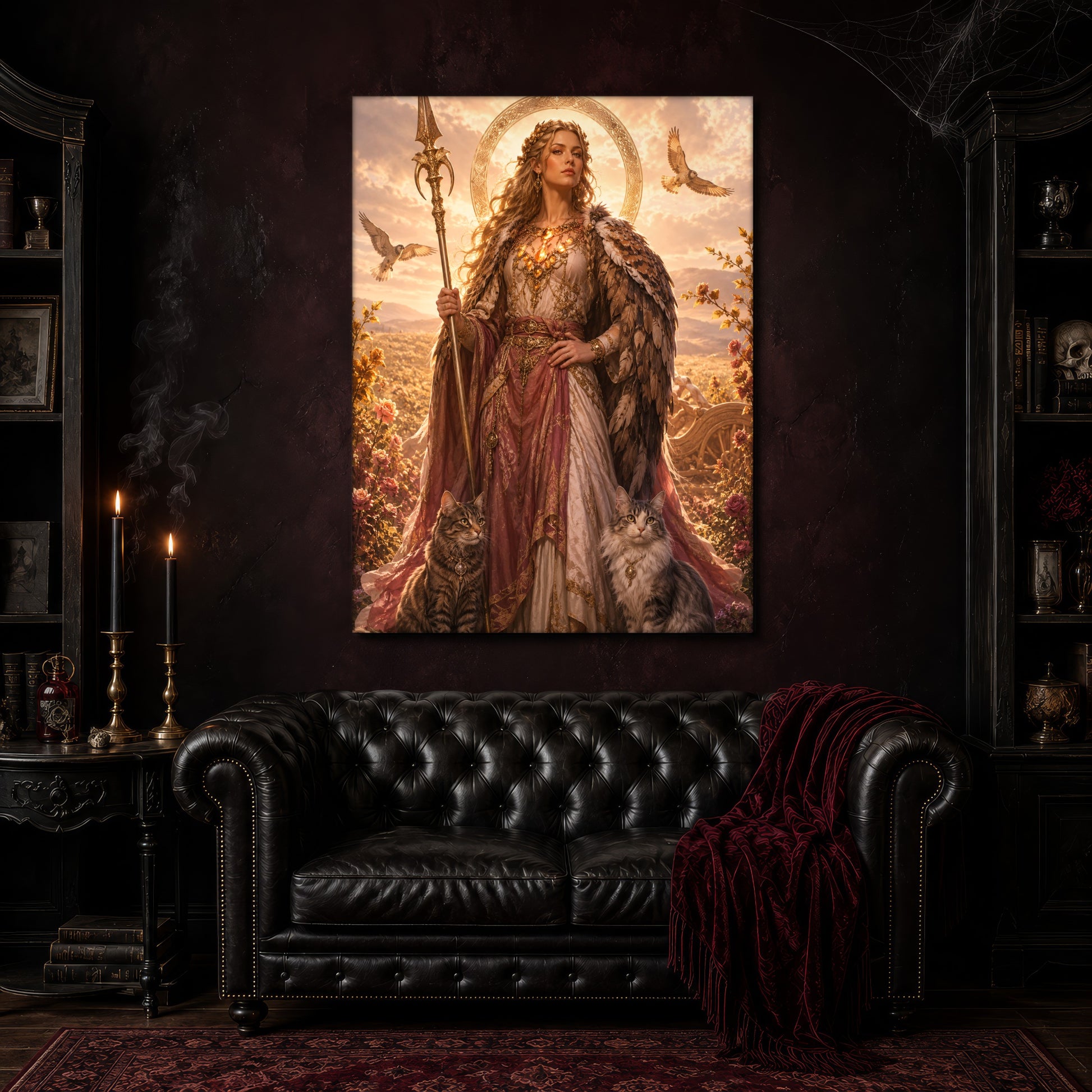 Freya canvas hanging above a black tufted Chesterfield sofa draped with a red fringed velvet throw, in a cobwebbed oxblood parlour with brass candlesticks, dark cabinets of books and goblets, and a patterned red rug.