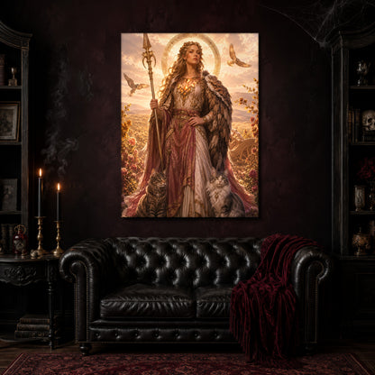 Freya canvas hanging above a black tufted Chesterfield sofa draped with a red fringed velvet throw, in a cobwebbed oxblood parlour with brass candlesticks, dark cabinets of books and goblets, and a patterned red rug.