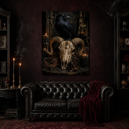 Valravn canvas hanging above a black tufted Chesterfield sofa draped with a red fringed velvet throw, in a cobwebbed oxblood parlour with brass candlesticks, dark cabinets of books and goblets, and a patterned red rug.