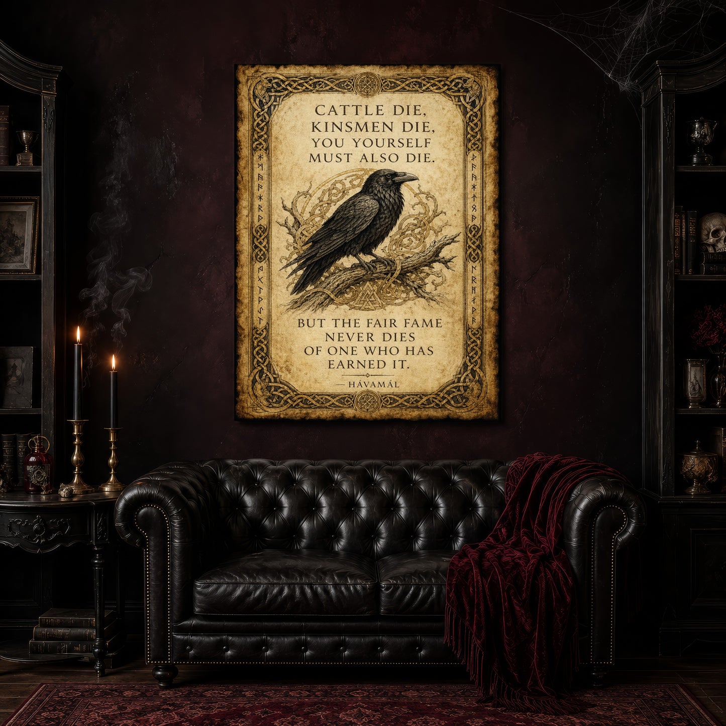 Hávamál canvas hanging above a black tufted Chesterfield sofa draped with a red fringed velvet throw, in a cobwebbed oxblood parlour with brass candlesticks, dark cabinets of books and goblets, and a patterned red rug.