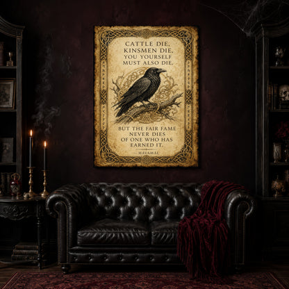 Hávamál canvas hanging above a black tufted Chesterfield sofa draped with a red fringed velvet throw, in a cobwebbed oxblood parlour with brass candlesticks, dark cabinets of books and goblets, and a patterned red rug.