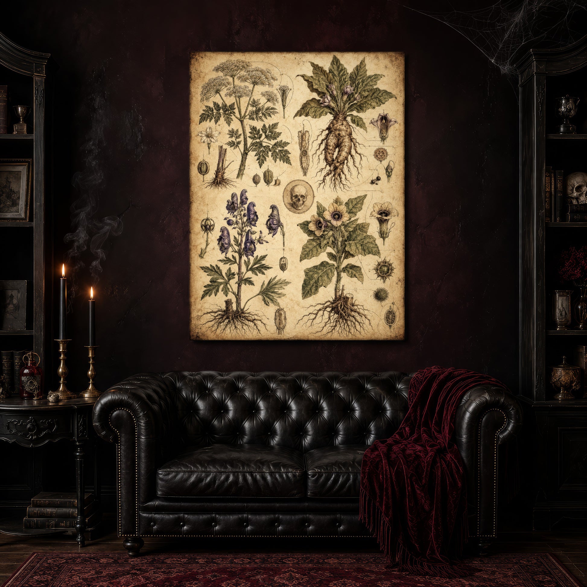 Poison Garden specimen canvas hanging above a black tufted Chesterfield sofa draped with a red fringed velvet throw, in a cobwebbed oxblood parlour with brass candlesticks, dark cabinets of books and goblets, and a patterned red rug.