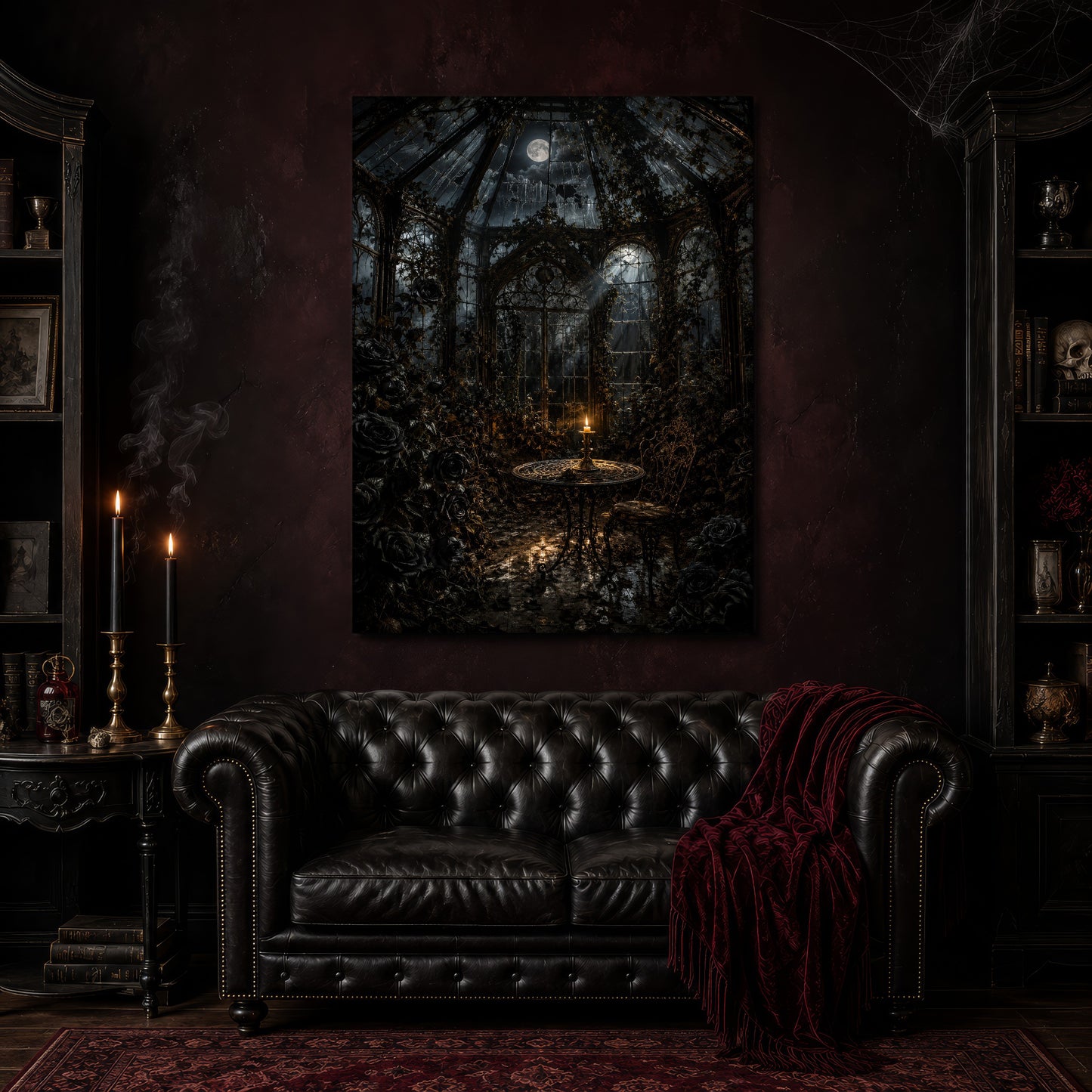 The Winter Garden canvas hanging above a black tufted Chesterfield sofa draped with a red fringed velvet throw, in a cobwebbed oxblood parlour with brass candlesticks, dark cabinets of books and goblets, and a patterned red rug.

