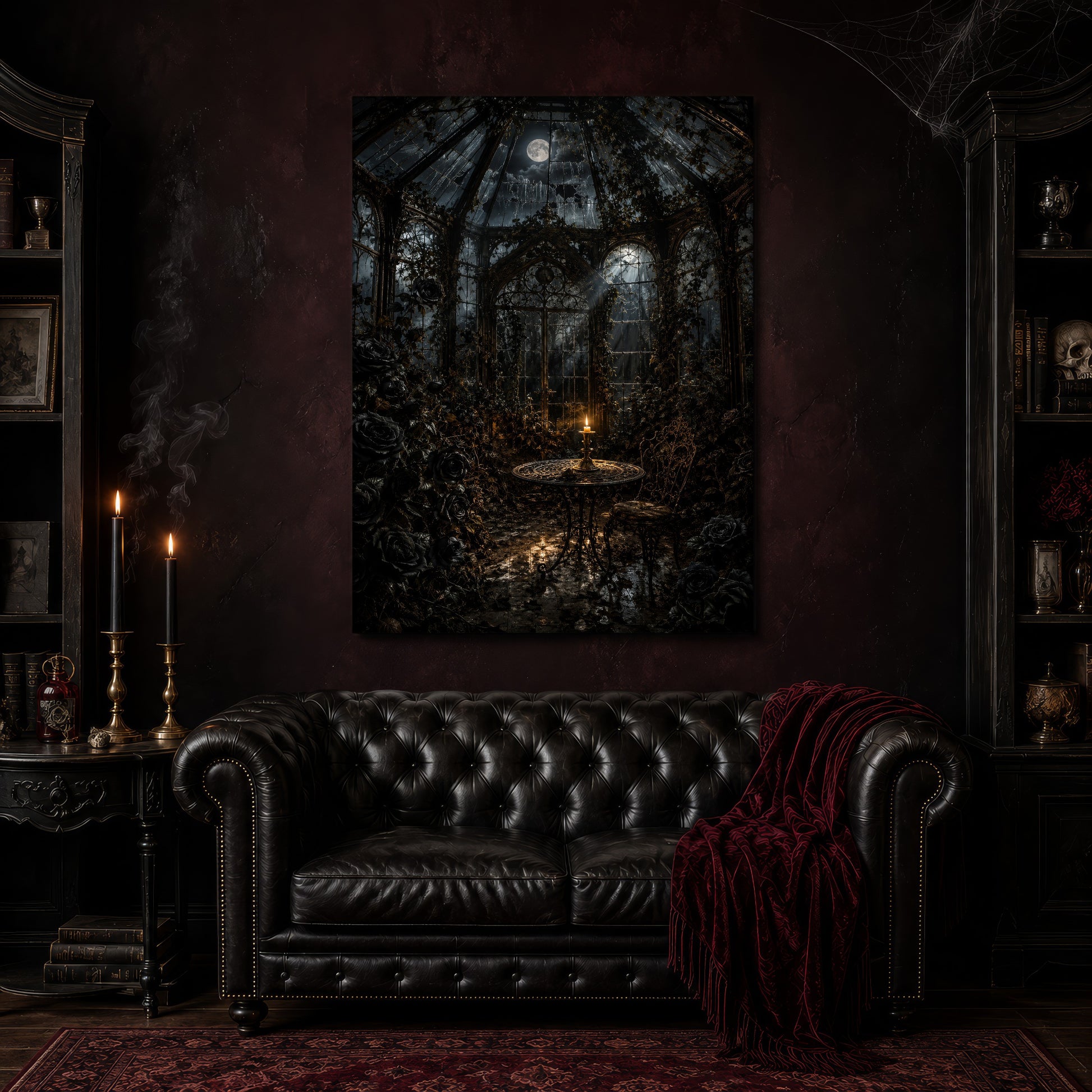 The Winter Garden canvas hanging above a black tufted Chesterfield sofa draped with a red fringed velvet throw, in a cobwebbed oxblood parlour with brass candlesticks, dark cabinets of books and goblets, and a patterned red rug.
