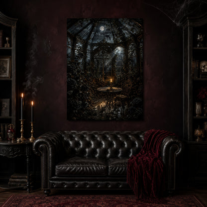 The Winter Garden canvas hanging above a black tufted Chesterfield sofa draped with a red fringed velvet throw, in a cobwebbed oxblood parlour with brass candlesticks, dark cabinets of books and goblets, and a patterned red rug.
