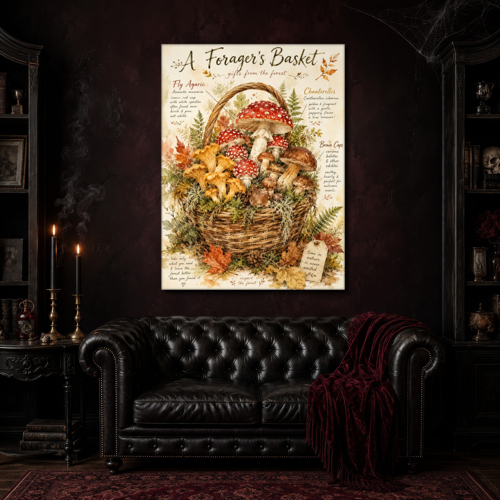 A Forager's Basket canvas hanging above a black tufted Chesterfield sofa draped with a red fringed velvet throw, in a cobwebbed oxblood parlour with brass candlesticks, dark cabinets of books and goblets, and a patterned red rug.
