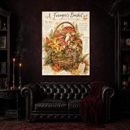 A Forager's Basket canvas hanging above a black tufted Chesterfield sofa draped with a red fringed velvet throw, in a cobwebbed oxblood parlour with brass candlesticks, dark cabinets of books and goblets, and a patterned red rug.