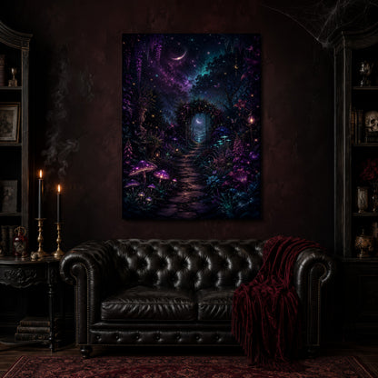 The Midnight Garden canvas hanging above a black tufted Chesterfield sofa draped with a red fringed velvet throw, in a cobwebbed oxblood parlour with brass candlesticks, dark cabinets of books and goblets, and a patterned red rug.