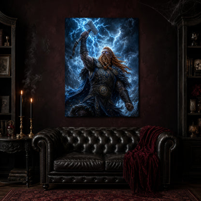  Mjölnir canvas hanging above a black tufted Chesterfield sofa draped with a red fringed velvet throw, in a cobwebbed oxblood parlour with brass candlesticks, dark cabinets of books and goblets, and a patterned red rug.