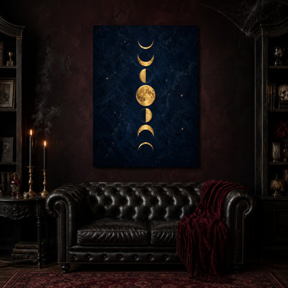 Lunarium gold moon canvas hanging above a black tufted Chesterfield sofa draped with a red fringed velvet throw, in a cobwebbed oxblood parlour with brass candlesticks, dark cabinets of books and goblets, and a patterned red rug.