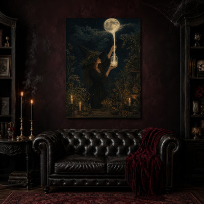Moonfall canvas hanging above a black tufted Chesterfield sofa draped with a red fringed velvet throw, in a cobwebbed oxblood parlour with brass candlesticks, dark cabinets of books and goblets, and a patterned red rug.