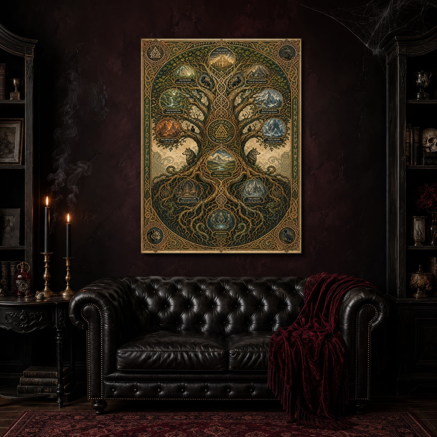 The Nine Realms canvas hanging above a black tufted Chesterfield sofa draped with a red fringed velvet throw, in a cobwebbed oxblood parlour with brass candlesticks, dark cabinets of books and goblets, and a patterned red rug.
