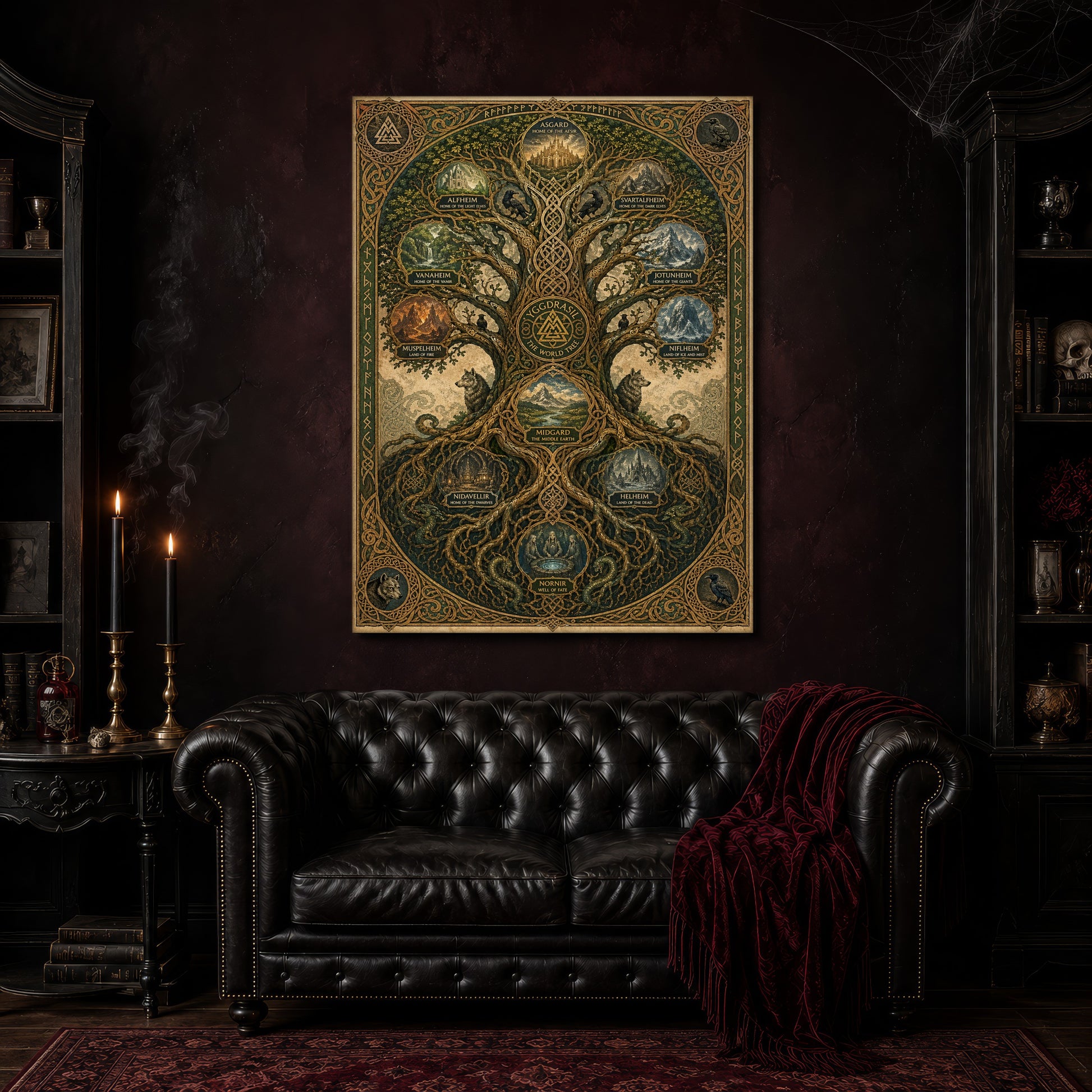 The Nine Realms canvas hanging above a black tufted Chesterfield sofa draped with a red fringed velvet throw, in a cobwebbed oxblood parlour with brass candlesticks, dark cabinets of books and goblets, and a patterned red rug.
