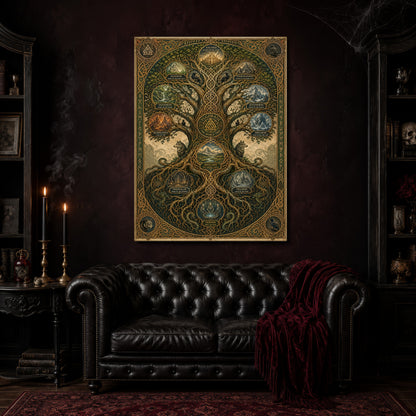 The Nine Realms canvas hanging above a black tufted Chesterfield sofa draped with a red fringed velvet throw, in a cobwebbed oxblood parlour with brass candlesticks, dark cabinets of books and goblets, and a patterned red rug.
