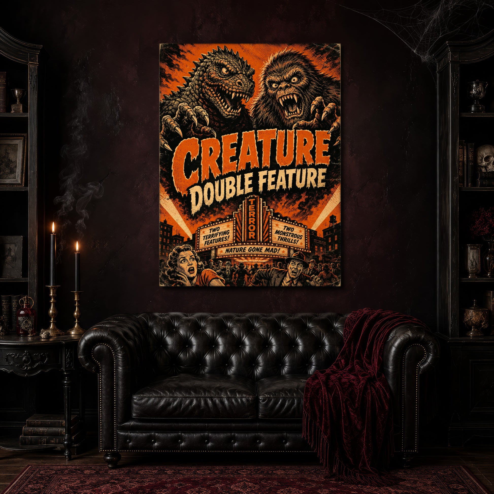 Marquee Mayhem canvas hanging above a black tufted Chesterfield sofa draped with a red fringed velvet throw, in a cobwebbed oxblood parlour with brass candlesticks, dark cabinets of books and goblets, and a patterned red rug.