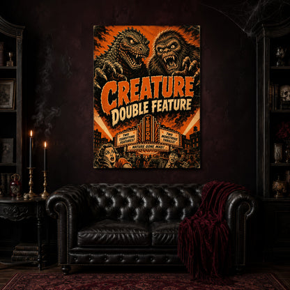 Marquee Mayhem canvas hanging above a black tufted Chesterfield sofa draped with a red fringed velvet throw, in a cobwebbed oxblood parlour with brass candlesticks, dark cabinets of books and goblets, and a patterned red rug.