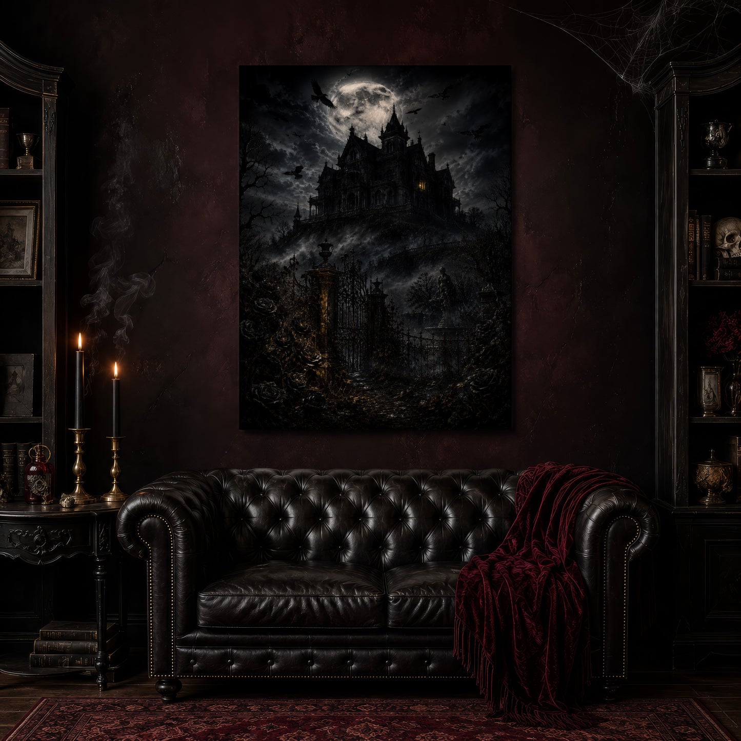 Ravensward canvas hanging above a black tufted Chesterfield sofa draped with a red fringed velvet throw, in a cobwebbed oxblood parlour with brass candlesticks, dark cabinets of books and goblets, and a patterned red rug.