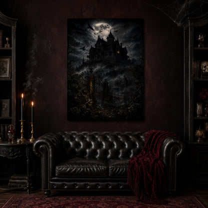 Ravensward canvas hanging above a black tufted Chesterfield sofa draped with a red fringed velvet throw, in a cobwebbed oxblood parlour with brass candlesticks, dark cabinets of books and goblets, and a patterned red rug.