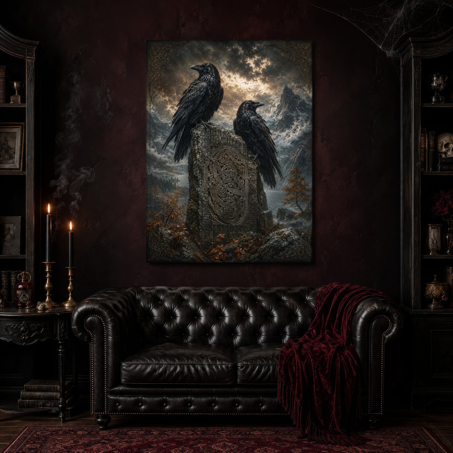 The Watchstone canvas hanging above a black tufted Chesterfield sofa draped with a red fringed velvet throw, in a cobwebbed oxblood parlour with brass candlesticks, dark cabinets of books and goblets, and a patterned red rug.