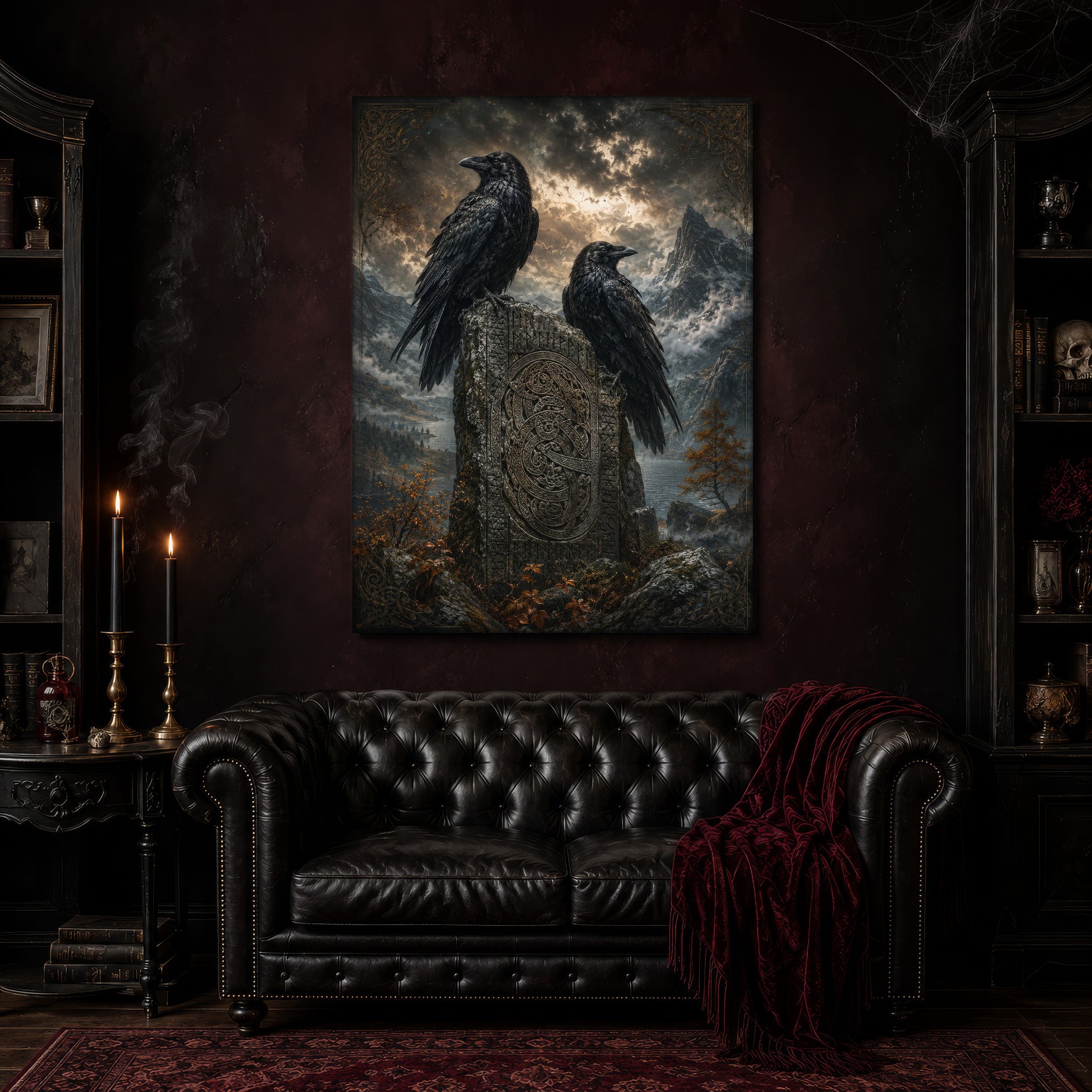 The Watchstone canvas hanging above a black tufted Chesterfield sofa draped with a red fringed velvet throw, in a cobwebbed oxblood parlour with brass candlesticks, dark cabinets of books and goblets, and a patterned red rug.