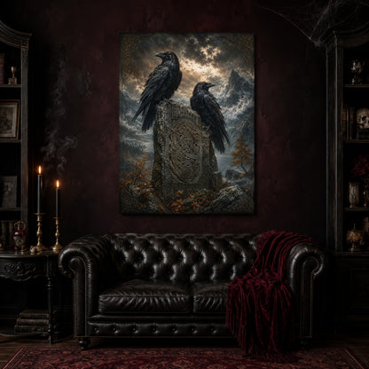 The Watchstone canvas hanging above a black tufted Chesterfield sofa draped with a red fringed velvet throw, in a cobwebbed oxblood parlour with brass candlesticks, dark cabinets of books and goblets, and a patterned red rug.