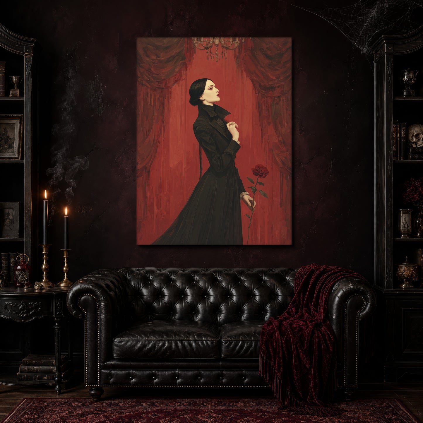 The Countess canvas hanging above a black tufted Chesterfield sofa draped with a red fringed velvet throw, in a cobwebbed oxblood parlour with brass candlesticks, dark cabinets of books and goblets, and a patterned red rug.