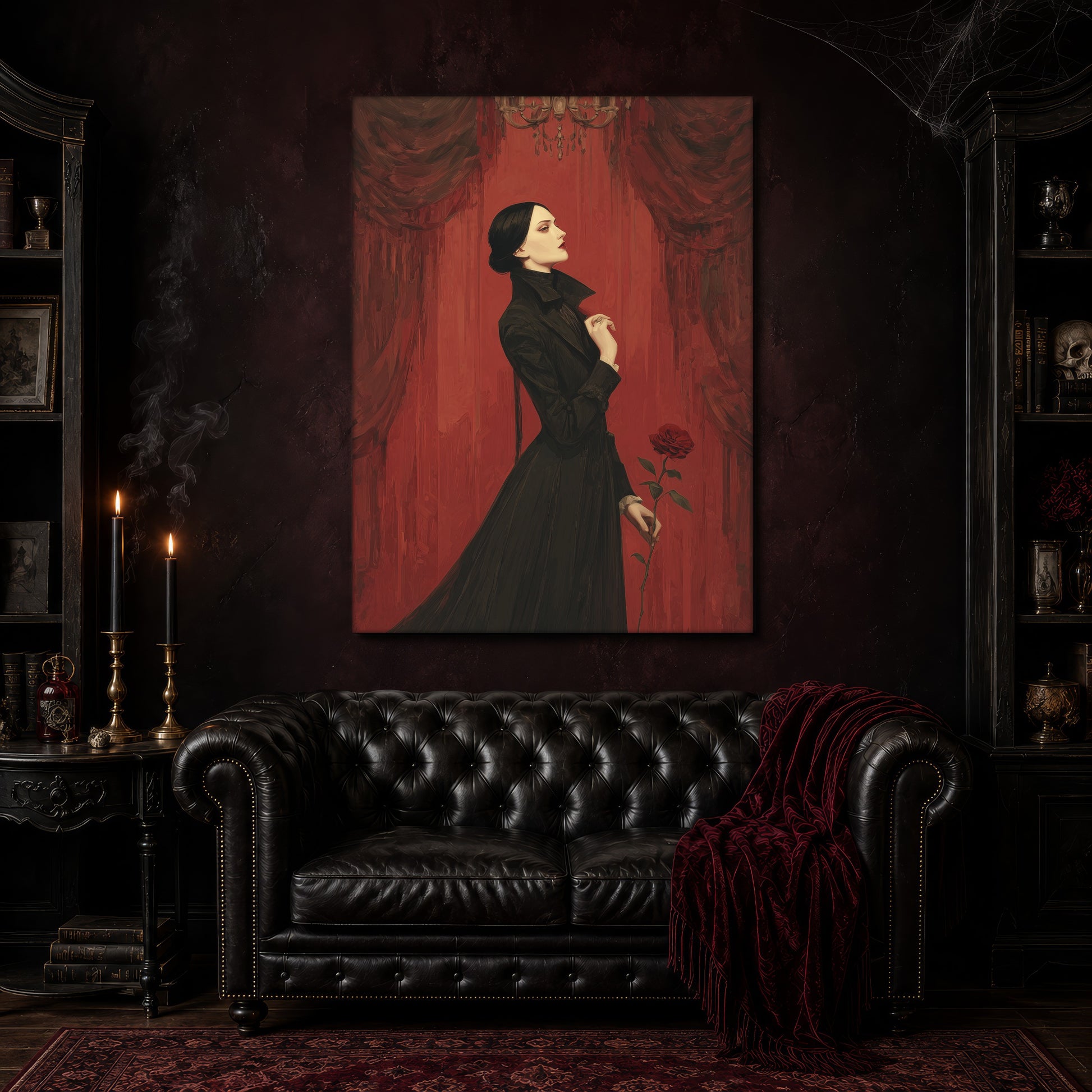 The Countess canvas hanging above a black tufted Chesterfield sofa draped with a red fringed velvet throw, in a cobwebbed oxblood parlour with brass candlesticks, dark cabinets of books and goblets, and a patterned red rug.