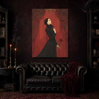 The Countess canvas hanging above a black tufted Chesterfield sofa draped with a red fringed velvet throw, in a cobwebbed oxblood parlour with brass candlesticks, dark cabinets of books and goblets, and a patterned red rug.
