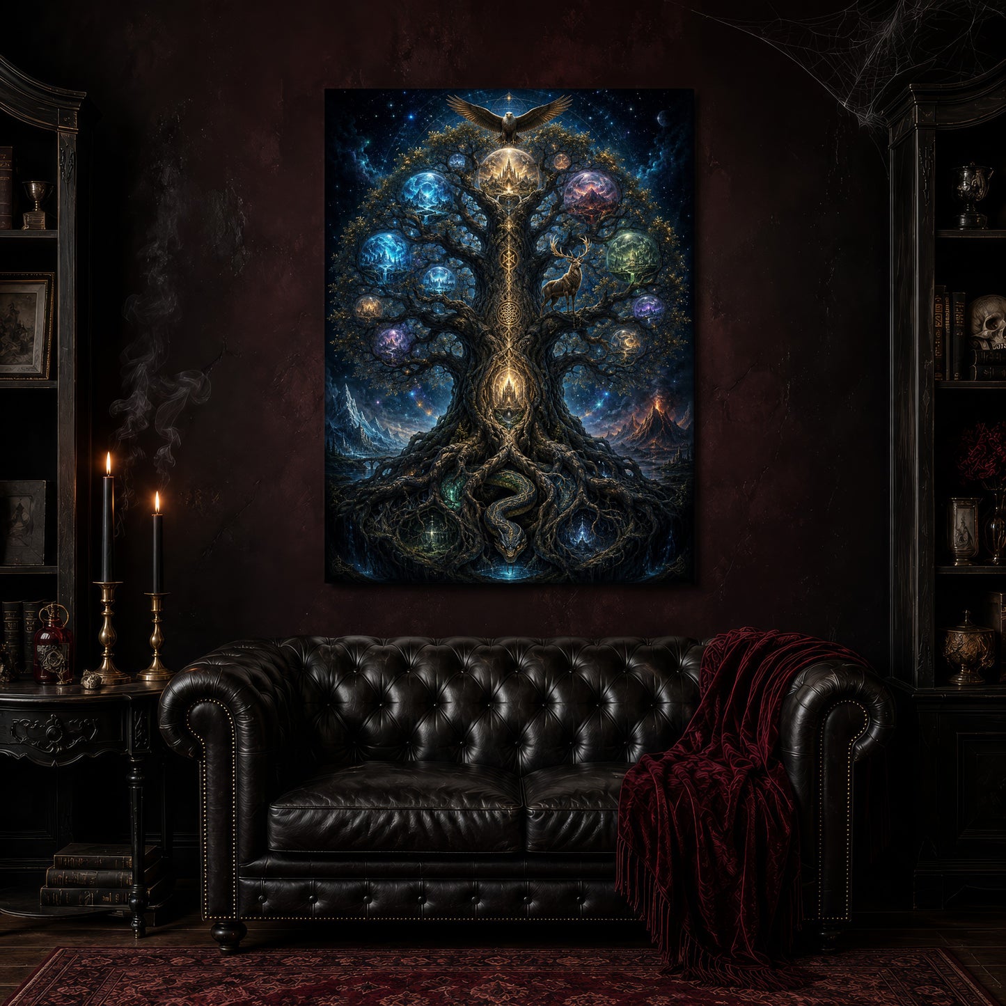 Yggdrasil canvas hanging above a black tufted Chesterfield sofa draped with a red fringed velvet throw, in a cobwebbed oxblood parlour with brass candlesticks, dark cabinets of books and goblets, and a patterned red rug.