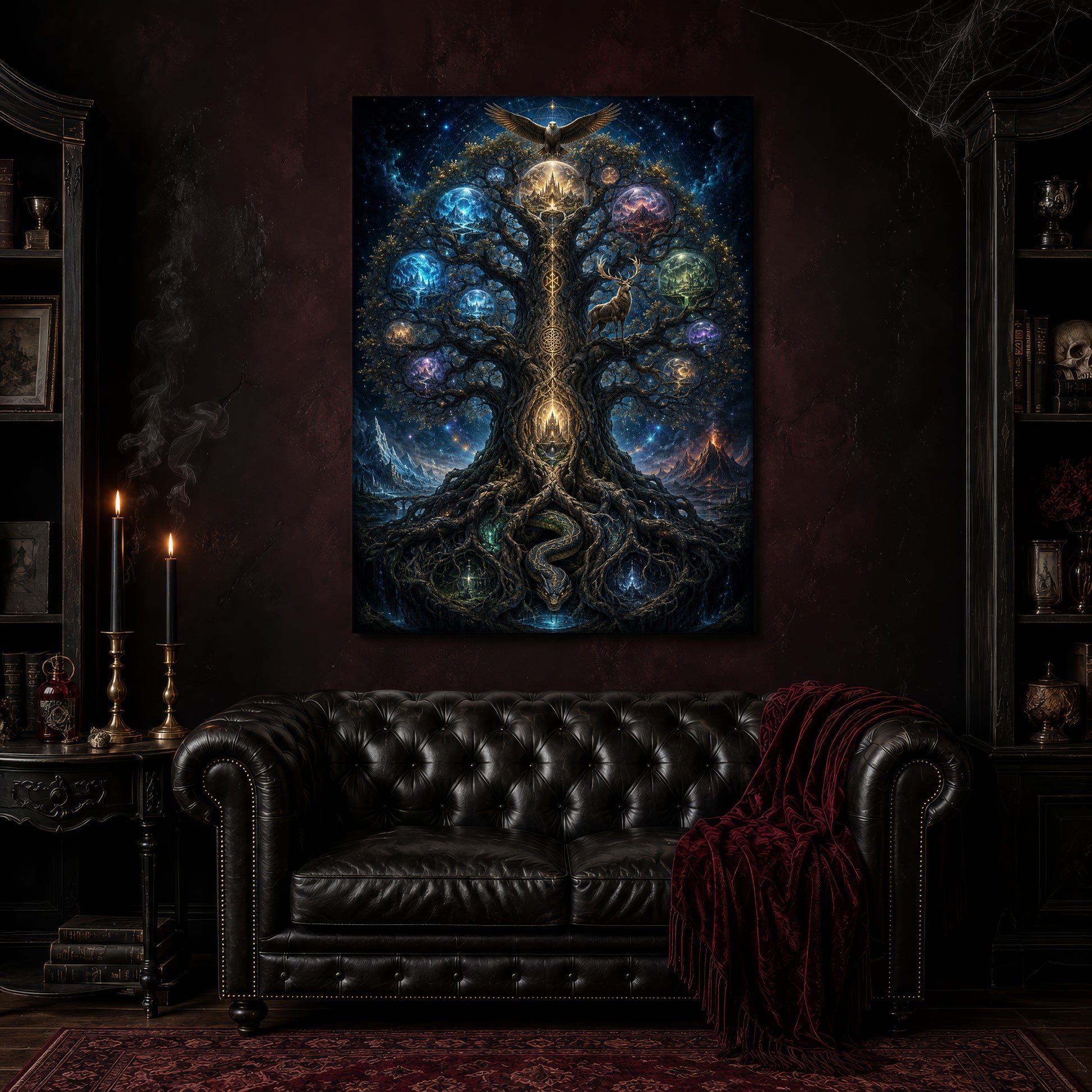Yggdrasil canvas hanging above a black tufted Chesterfield sofa draped with a red fringed velvet throw, in a cobwebbed oxblood parlour with brass candlesticks, dark cabinets of books and goblets, and a patterned red rug.