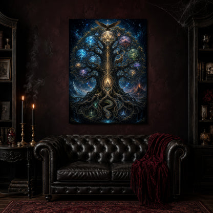 Yggdrasil canvas hanging above a black tufted Chesterfield sofa draped with a red fringed velvet throw, in a cobwebbed oxblood parlour with brass candlesticks, dark cabinets of books and goblets, and a patterned red rug.