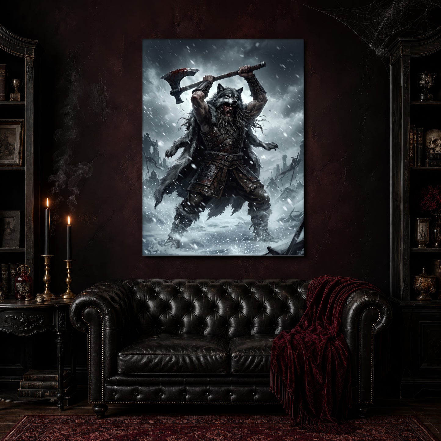 Berserker Rage canvas hanging above a black tufted Chesterfield sofa draped with a red fringed velvet throw, in a cobwebbed oxblood parlour with brass candlesticks, dark cabinets of books and goblets, and a patterned red rug.