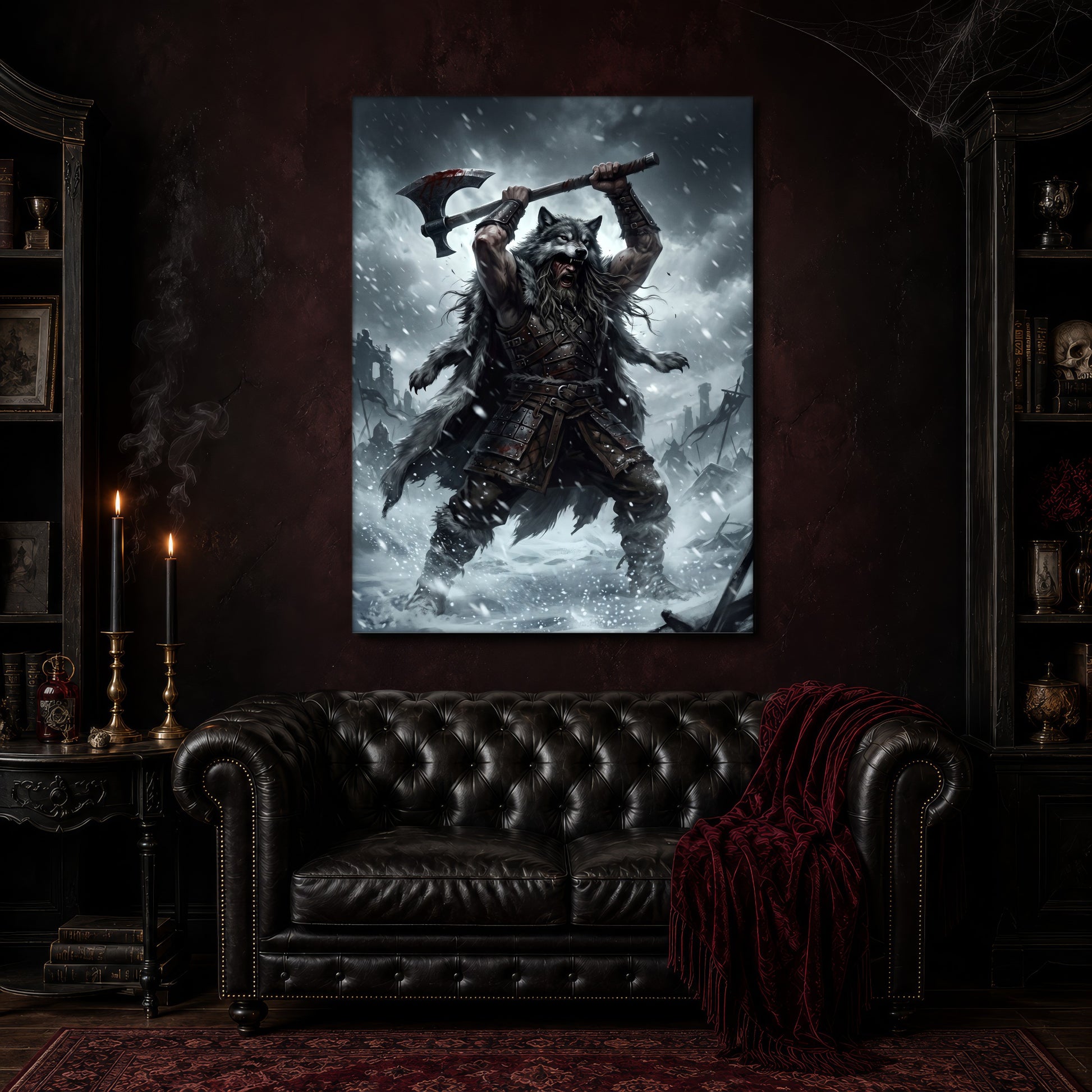 Berserker Rage canvas hanging above a black tufted Chesterfield sofa draped with a red fringed velvet throw, in a cobwebbed oxblood parlour with brass candlesticks, dark cabinets of books and goblets, and a patterned red rug.