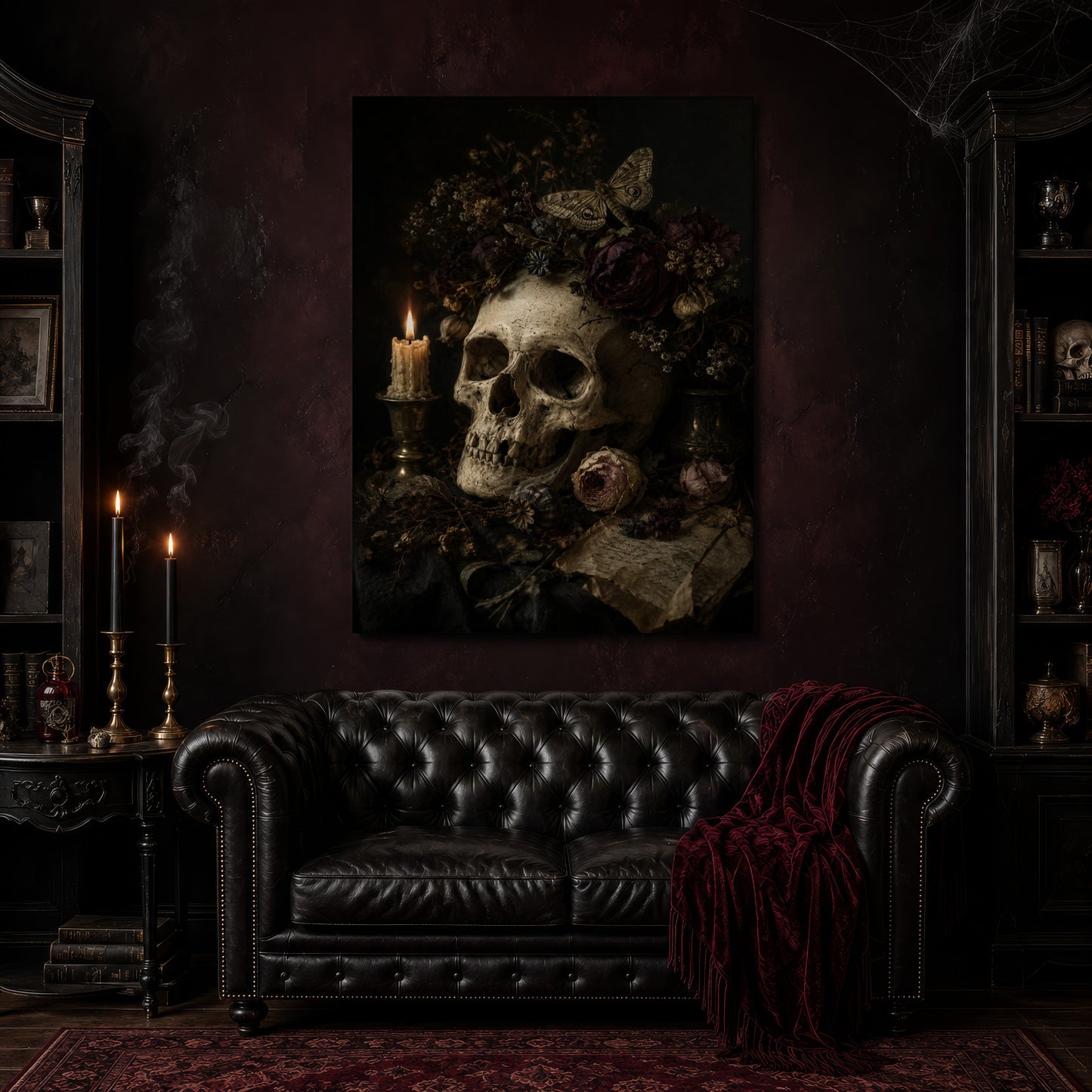Requiem canvas hanging above a black tufted Chesterfield sofa draped with a red fringed velvet throw, in a cobwebbed oxblood parlour with brass candlesticks, dark cabinets of books and goblets, and a patterned red rug.