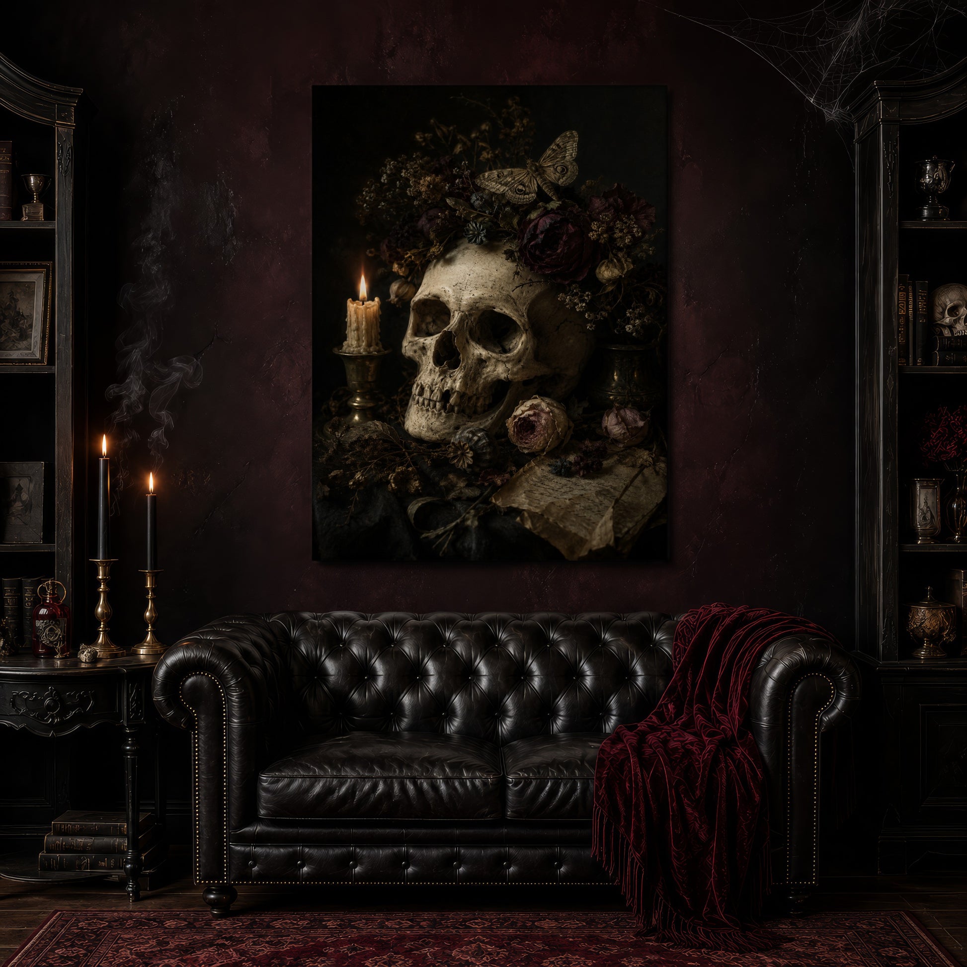 Requiem canvas hanging above a black tufted Chesterfield sofa draped with a red fringed velvet throw, in a cobwebbed oxblood parlour with brass candlesticks, dark cabinets of books and goblets, and a patterned red rug.