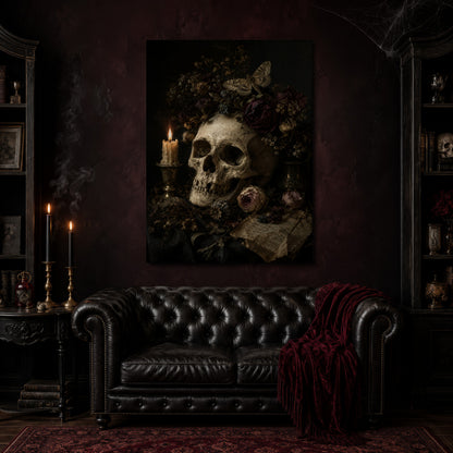 Requiem canvas hanging above a black tufted Chesterfield sofa draped with a red fringed velvet throw, in a cobwebbed oxblood parlour with brass candlesticks, dark cabinets of books and goblets, and a patterned red rug.