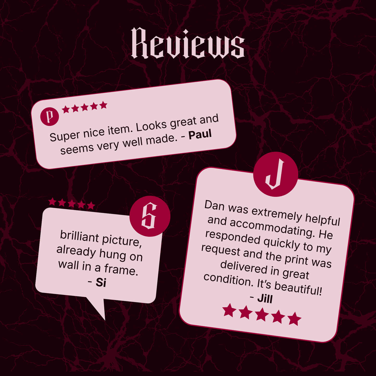 Customer reviews card for Draugon showing three five-star review bubbles: Paul praising a well-made item, Si saying the picture is already hung on the wall in a frame, and Jill describing helpful service and a beautiful print delivered in great condition.