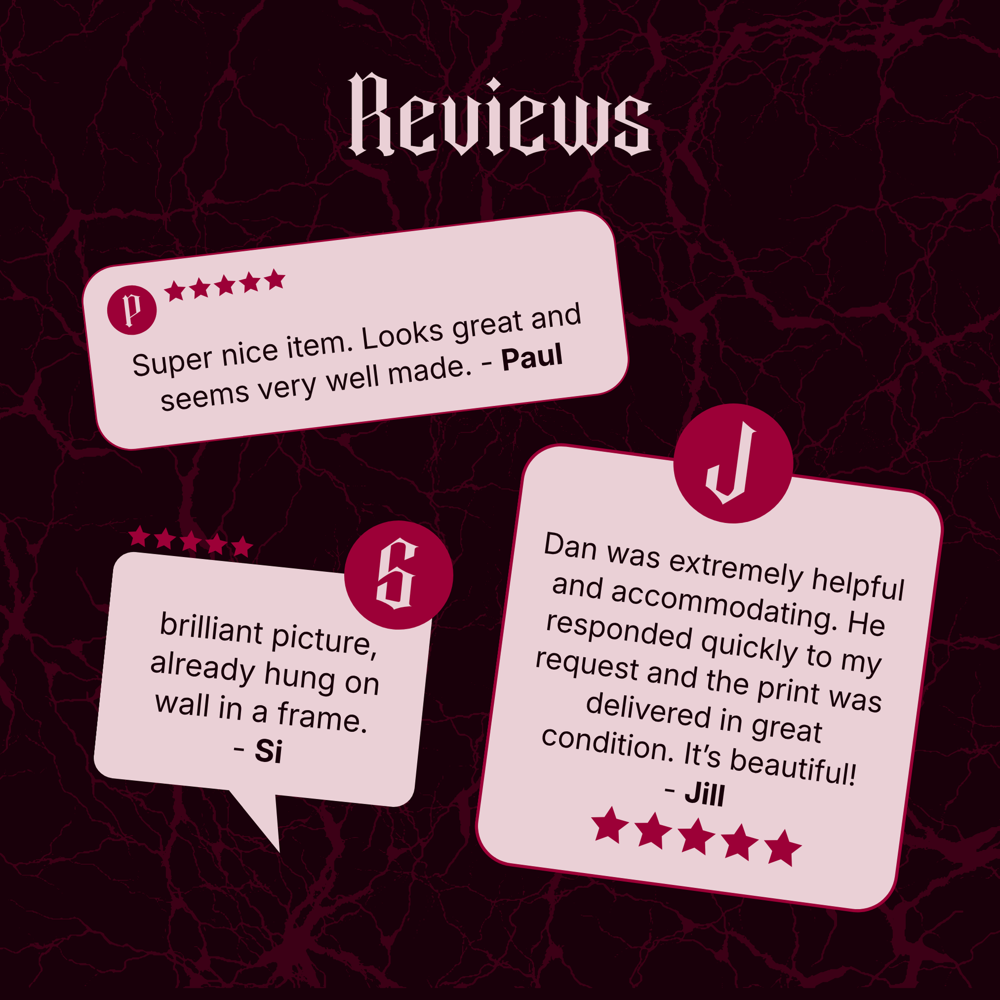 Customer reviews card for Draugon showing three five-star review bubbles: Paul praising a well-made item, Si saying the picture is already hung on the wall in a frame, and Jill describing helpful service and a beautiful print delivered in great condition.