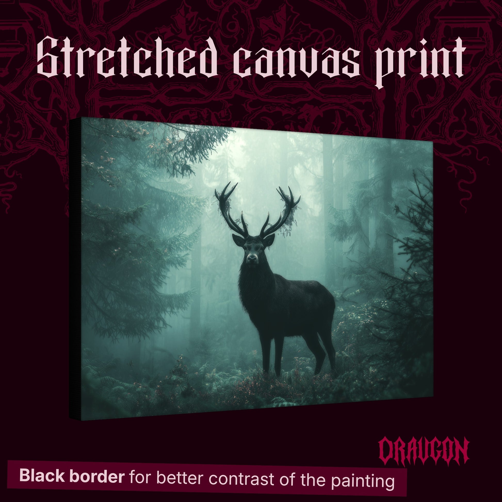 The Green Chapel shown as a gallery-wrapped stretched canvas angled to reveal its depth and black border, with the Draugon wordmark and the caption Black border for better contrast of the painting.
