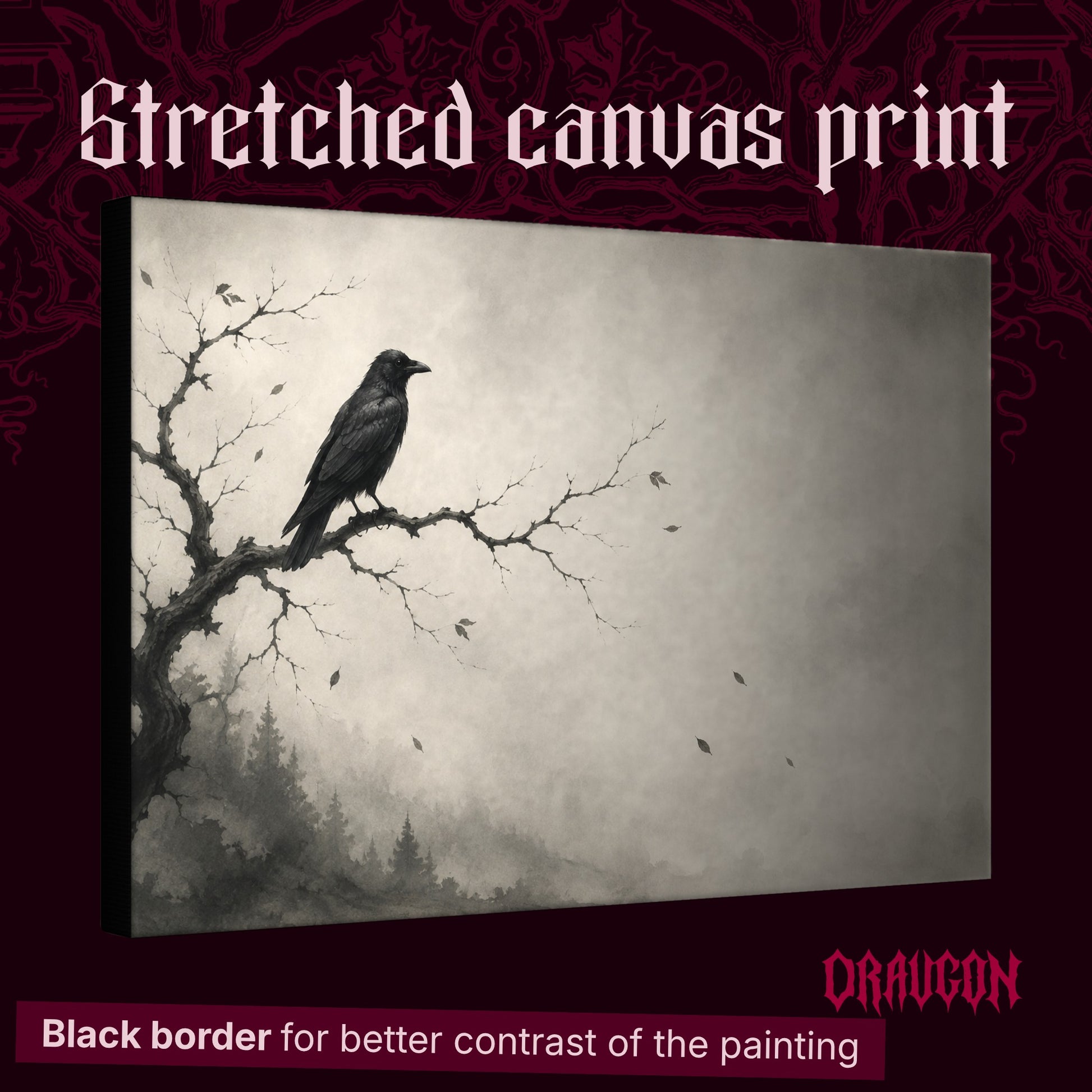 Hollow Morning shown as a gallery-wrapped stretched canvas angled to reveal its depth and black border, with the Draugon wordmark and the caption Black border for better contrast of the painting.