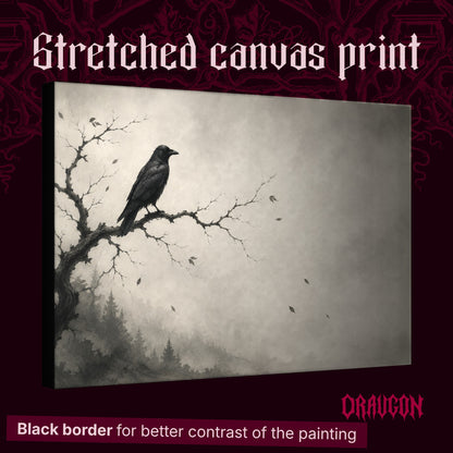 Hollow Morning shown as a gallery-wrapped stretched canvas angled to reveal its depth and black border, with the Draugon wordmark and the caption Black border for better contrast of the painting.