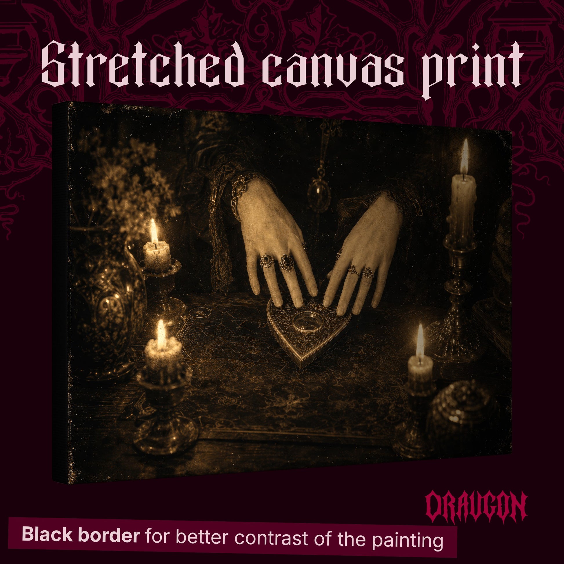 Midnight Communion shown as a gallery-wrapped stretched canvas angled to reveal its depth and black border, with the Draugon wordmark and the caption Black border for better contrast of the painting.