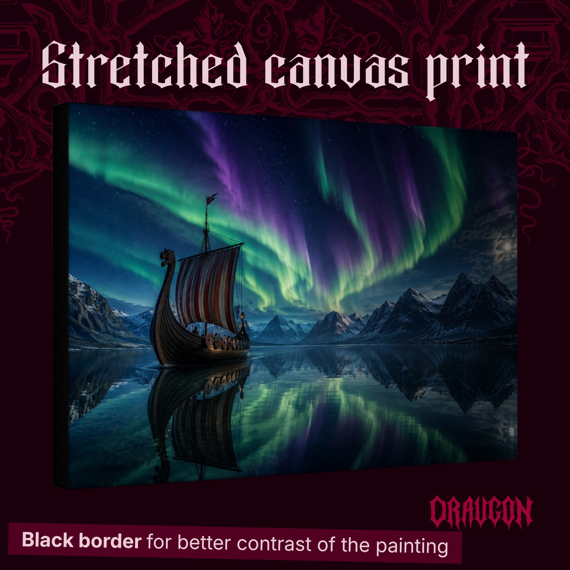 Drakkar shown as a gallery-wrapped stretched canvas angled to reveal its depth and black border, with the Draugon wordmark and the caption Black border for better contrast of the painting.