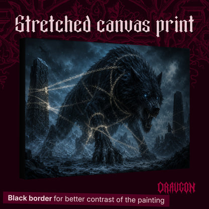 Fenrir shown as a gallery-wrapped stretched canvas angled to reveal its depth and black border, with the Draugon wordmark and the caption Black border for better contrast of the painting.