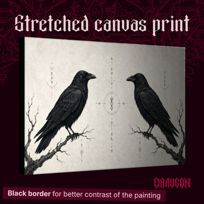Huginn & Muninn shown as a gallery-wrapped stretched canvas angled to reveal its depth and black border, with the Draugon wordmark and the caption Black border for better contrast of the painting.