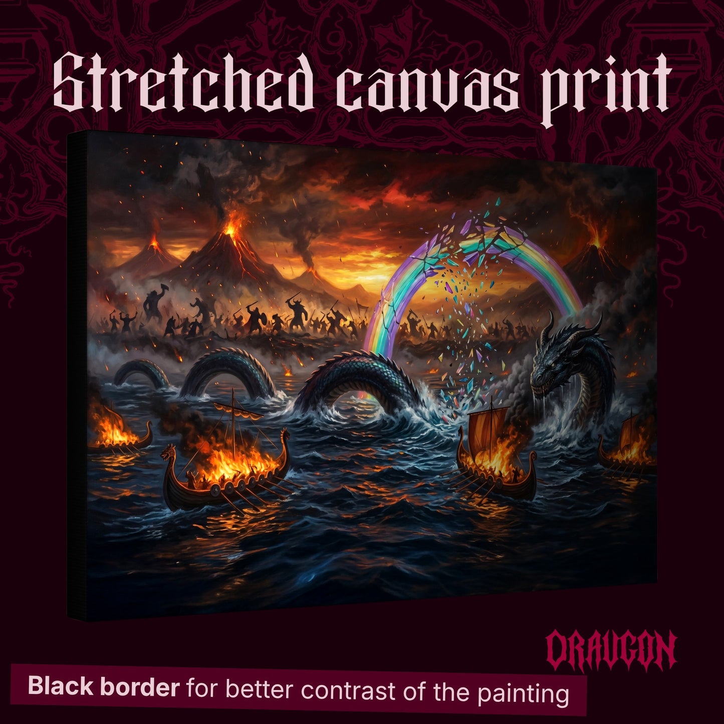 Ragnarök shown as a gallery-wrapped stretched canvas angled to reveal its depth and black border, with the Draugon wordmark and the caption Black border for better contrast of the painting.