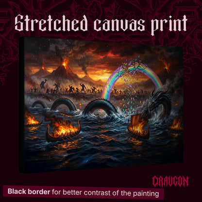 Ragnarök shown as a gallery-wrapped stretched canvas angled to reveal its depth and black border, with the Draugon wordmark and the caption Black border for better contrast of the painting.