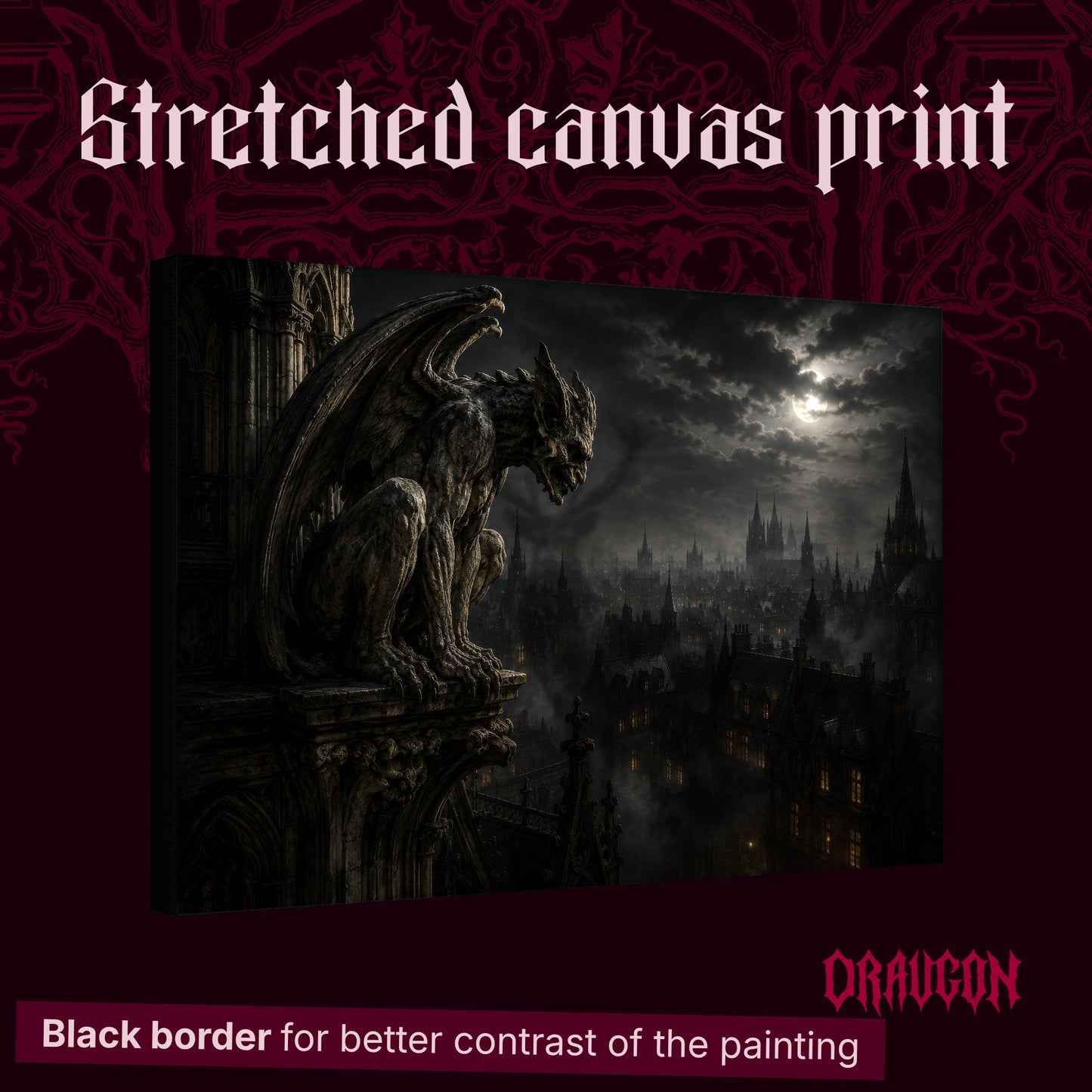 Nightwatch shown as a gallery-wrapped stretched canvas angled to reveal its depth and black border, with the Draugon wordmark and the caption Black border for better contrast of the painting.