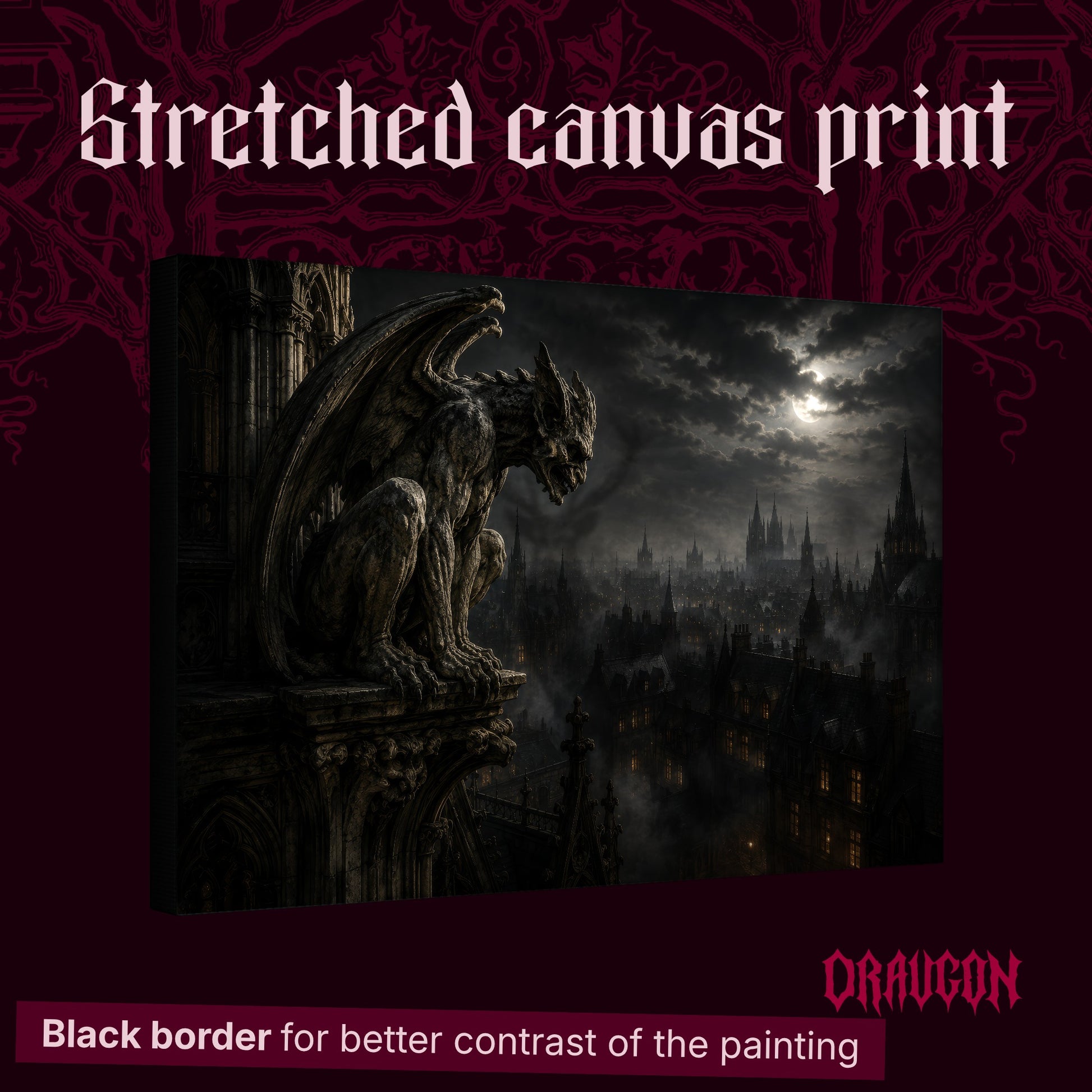 Nightwatch shown as a gallery-wrapped stretched canvas angled to reveal its depth and black border, with the Draugon wordmark and the caption Black border for better contrast of the painting.